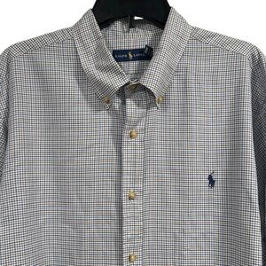 Ralph Lauren Long Sleeve Button Down Plaid Shirt XXL Blue Tan 100% Cotton Men